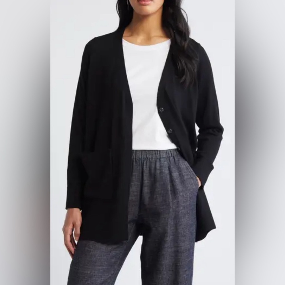 Eileen Fisher V-Neck Snap Front Wool Cardigan Black Size Oversized XS